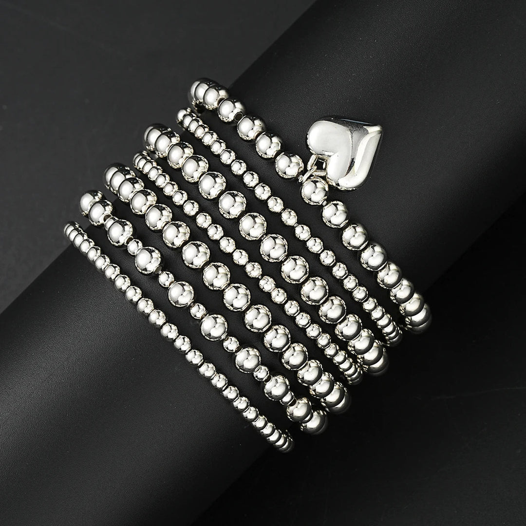 7 PCS Silver Heart Charm Beaded Bracelet Set