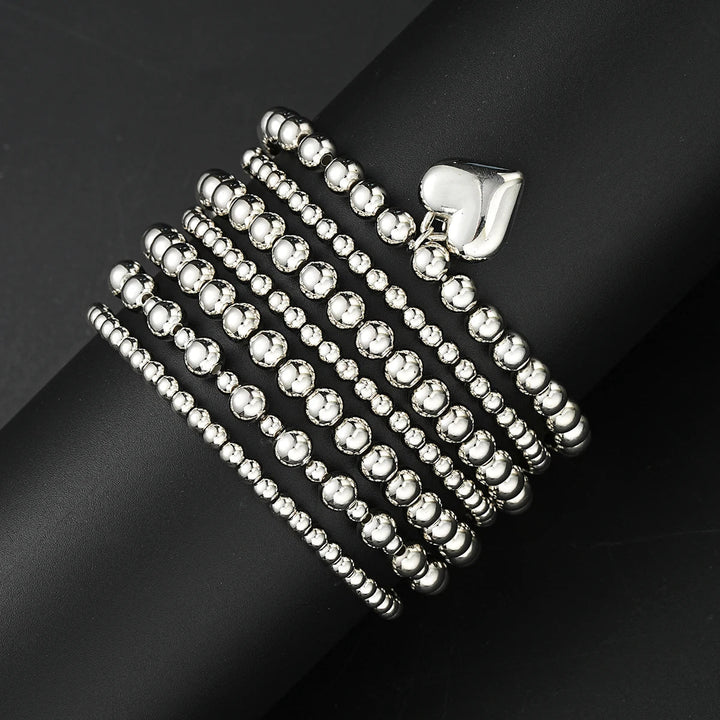7 PCS Silver Heart Charm Beaded Bracelet Set