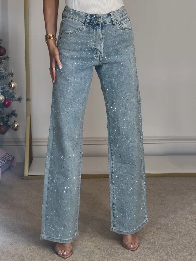 High Waisted Diamanté Jeans – Sparkle Straight Leg Denim