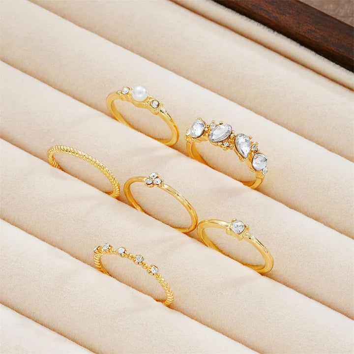 6 PCS Boho Crystal & Pearl Ring Set