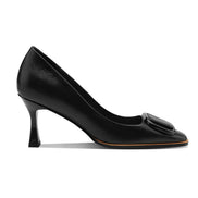 Square Toe Leather Stiletto Pumps with Buckle