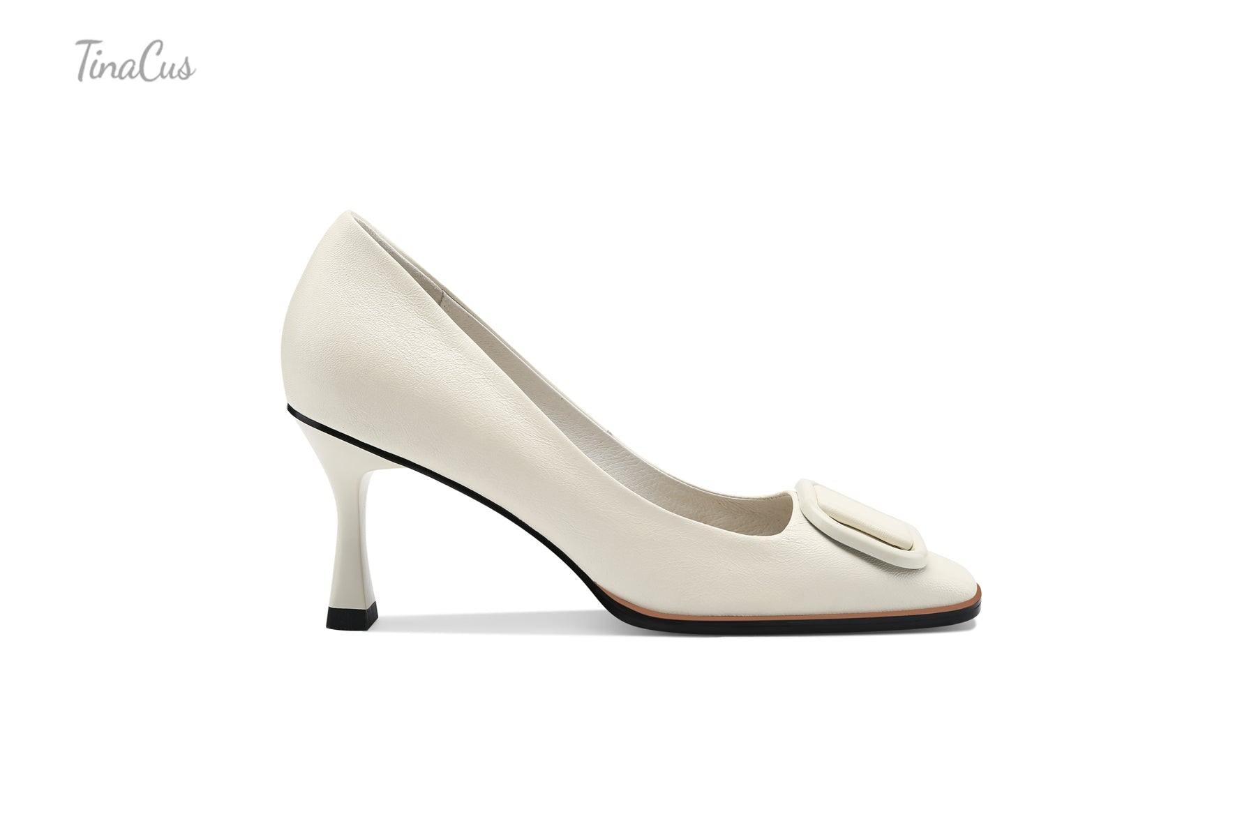 Square Toe Leather Stiletto Pumps with Buckle