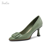 Square Toe Leather Stiletto Pumps with Buckle