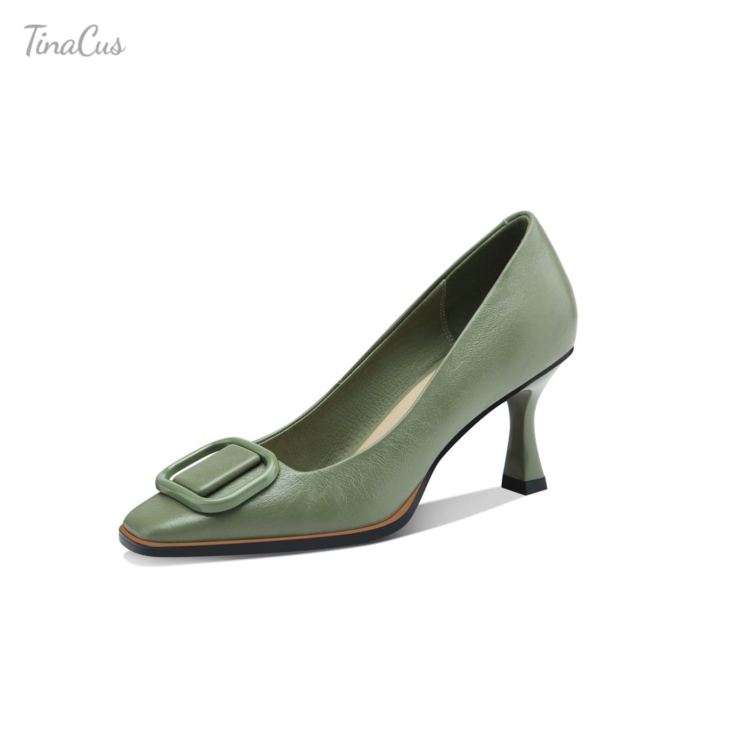 Square Toe Leather Stiletto Pumps with Buckle