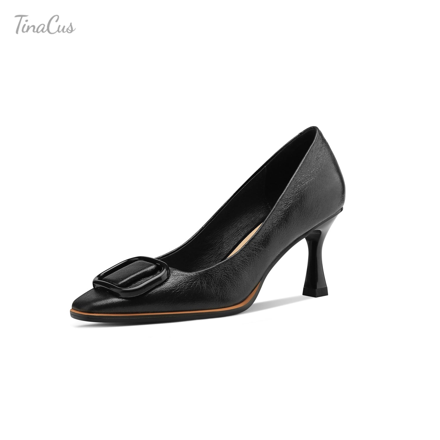 Square Toe Leather Stiletto Pumps with Buckle