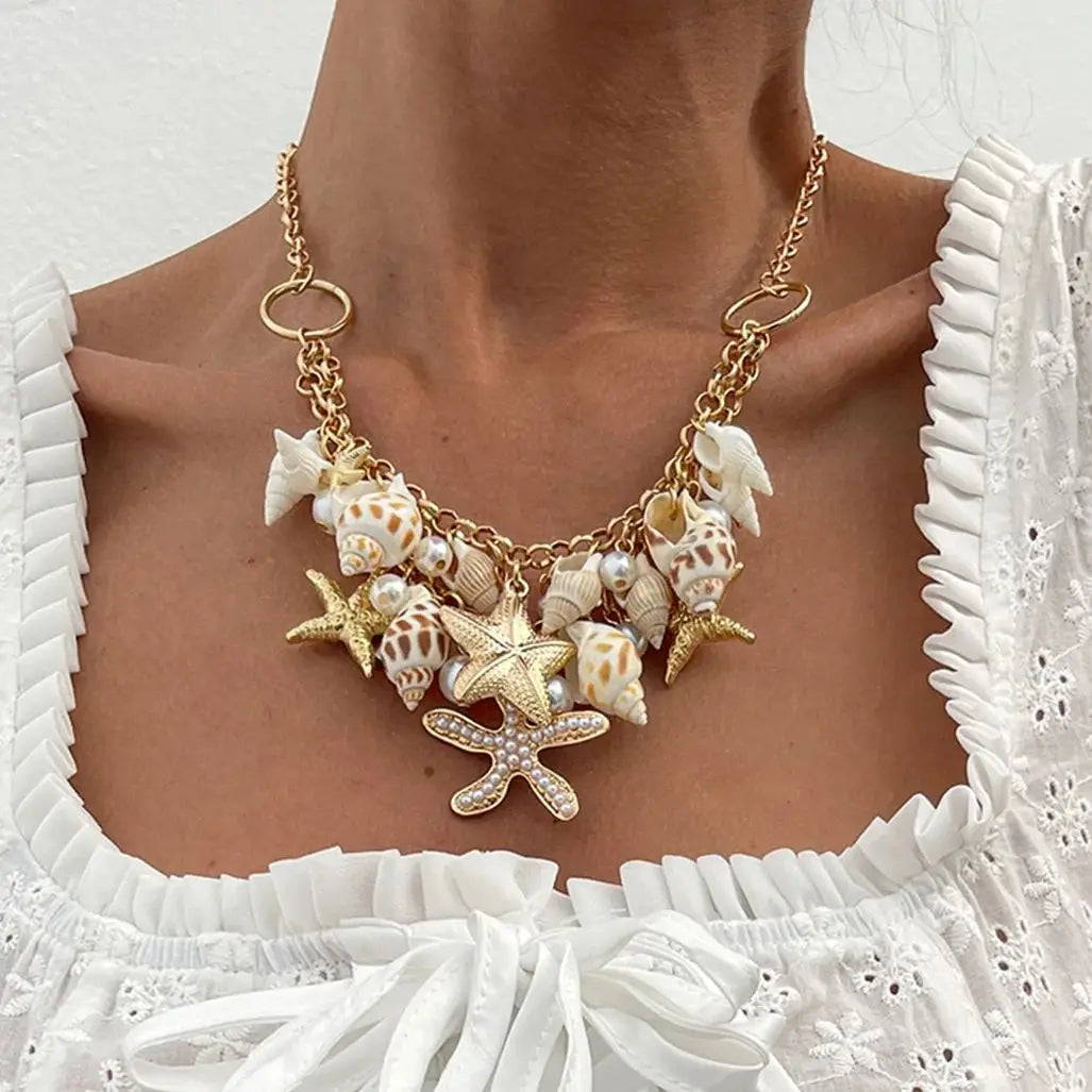 Boho Starfish & Shell Pendant Necklace