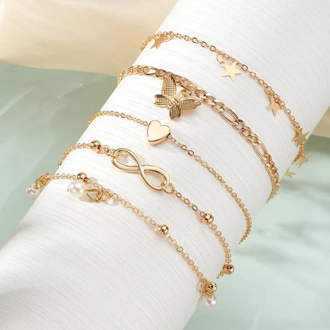 5 PCS Gold Charm Anklet Set