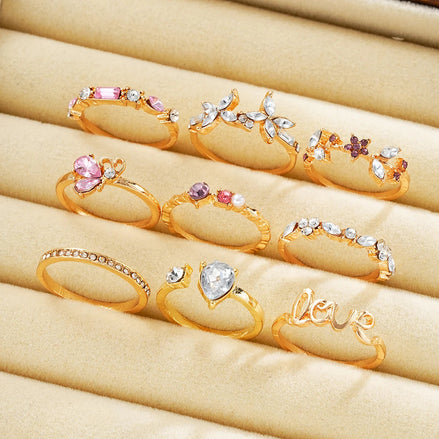 9 PCS Crystal Love Ring Set