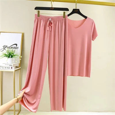 Ice Cotton Short Sleeve T-Shirt and Wide Leg Pants Set