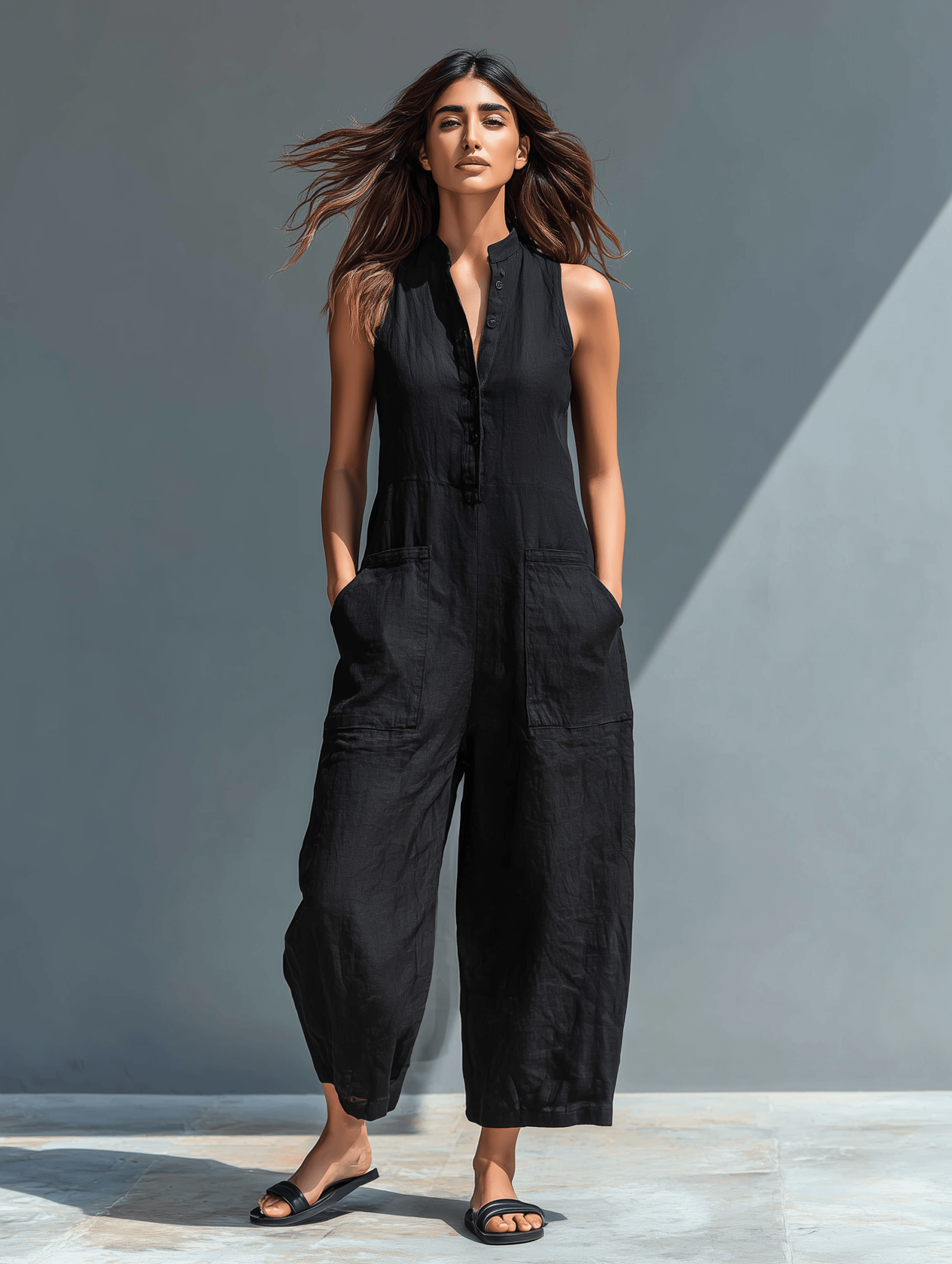 Minimalist Linen Sleeveless Button-Up Jumpsuit
