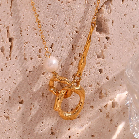 Double Loop Pearl Necklace – Layered Gold Chain