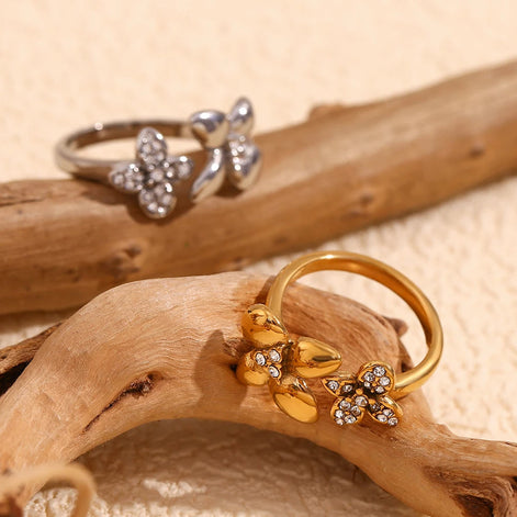 Double Flower Ring – Rhinestone Open Design