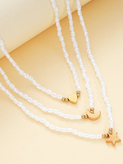 3 PCS Layered Pearl & Charm Necklace Set