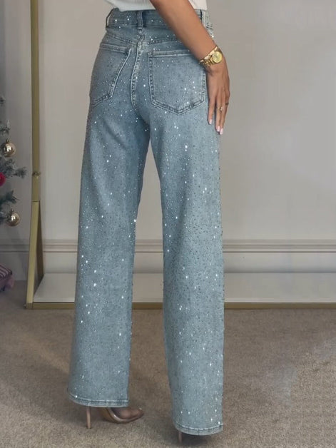 High Waisted Diamanté Jeans – Sparkle Straight Leg Denim