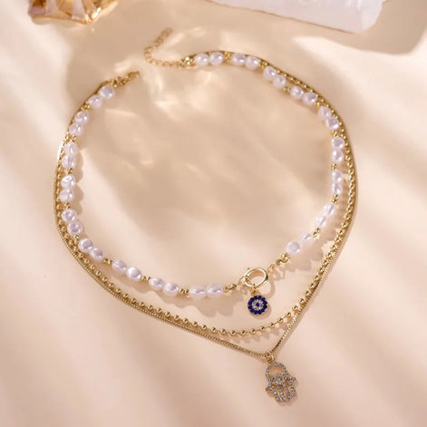3 PCS Layered Hamsa & Pearl Necklace Set