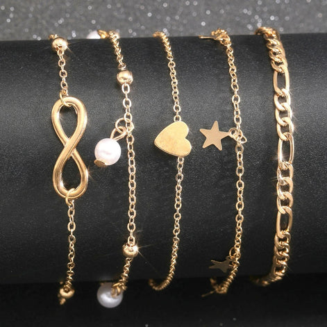 5 PCS Gold Charm Anklet Set
