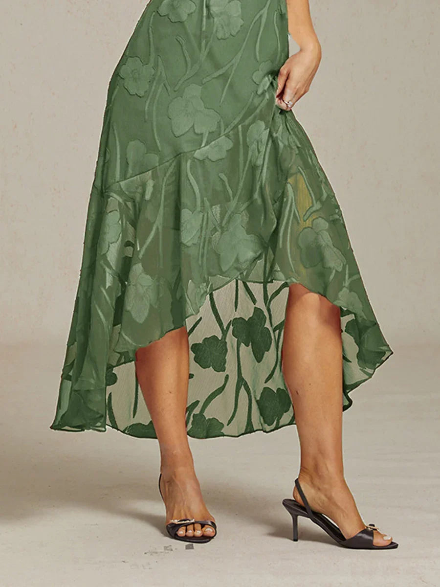 Floral Chiffon Evening Gown – Asymmetrical Hem