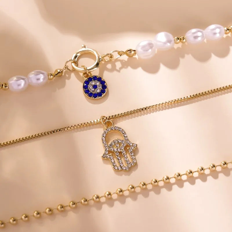 3 PCS Layered Hamsa & Pearl Necklace Set