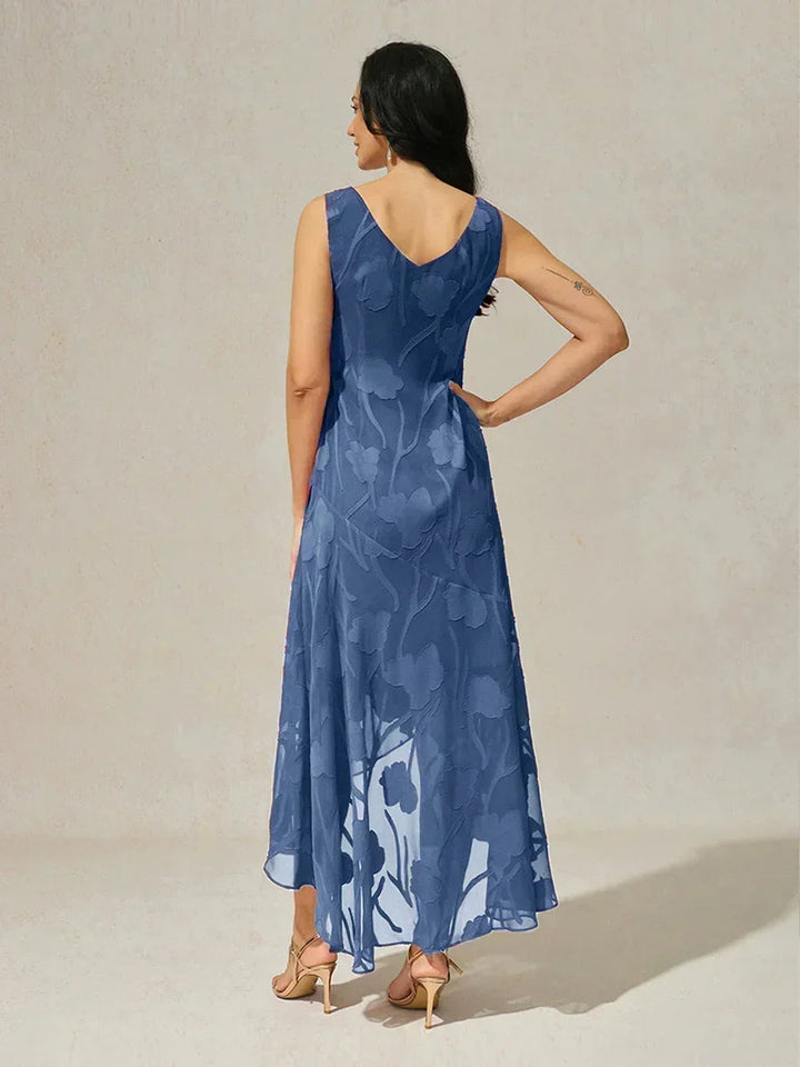 Floral Chiffon Sleeveless Evening Gown with Asymmetrical Hem