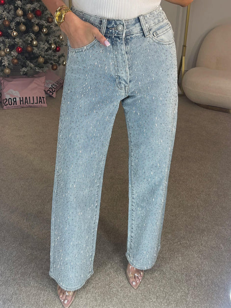 High Waisted Diamanté Jeans – Sparkle Straight Leg Denim