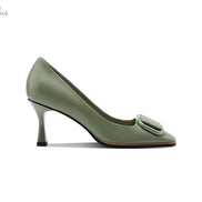 Square Toe Leather Stiletto Pumps with Buckle