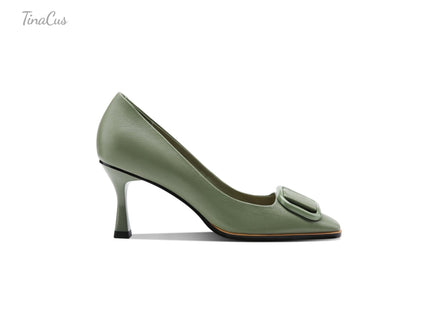 Square Toe Leather Stiletto Pumps with Buckle
