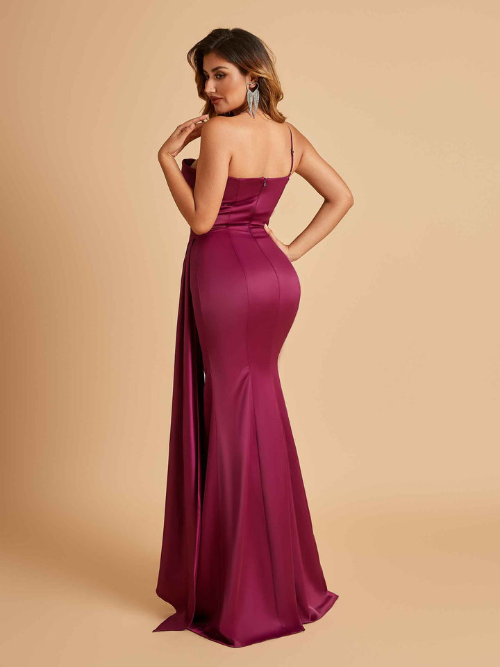 Satin One Shoulder Mermaid Bridesmaid Dresses Side Slit Floor Length