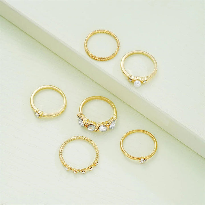 6 PCS Boho Crystal & Pearl Ring Set