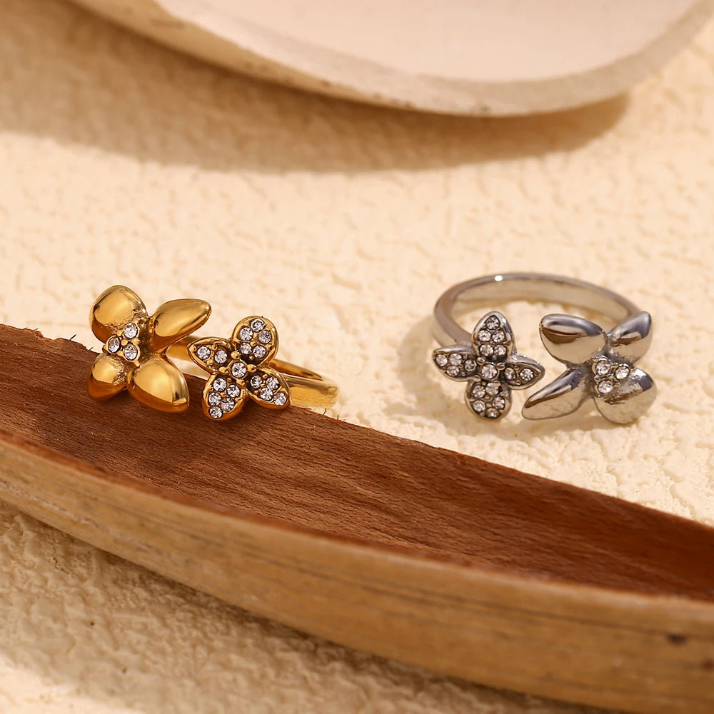 Double Flower Ring – Rhinestone Open Design