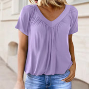 Casual Pleated V-Neck Short-Sleeve Top