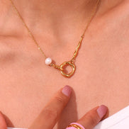 Close-up of pearl detail on double loop necklace