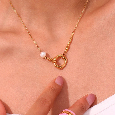 Close-up of pearl detail on double loop necklace