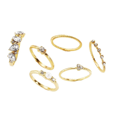 6 PCS Boho Crystal & Pearl Ring Set