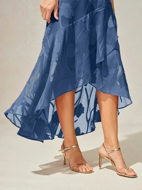 Floral Chiffon Evening Gown – Asymmetrical Hem
