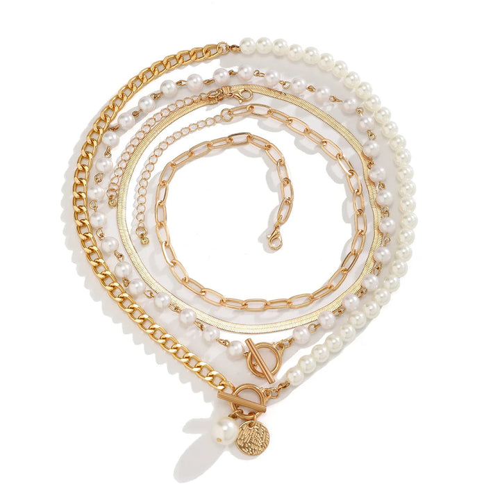 4 PCS Layered Pearl Choker Necklace Set