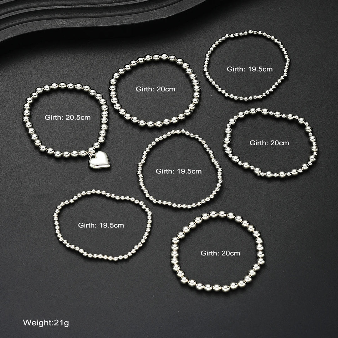 7 PCS Silver Heart Charm Beaded Bracelet Set