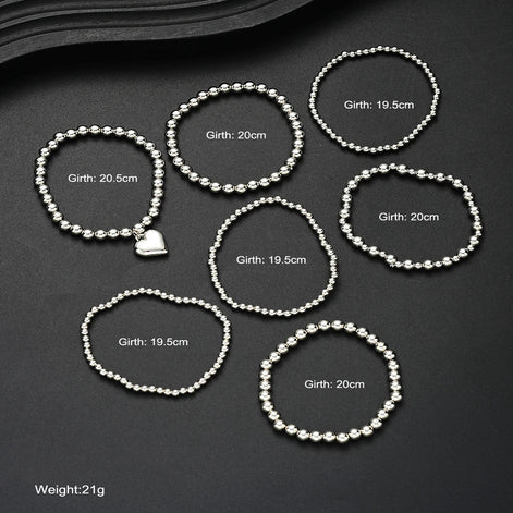 7 PCS Silver Heart Charm Beaded Bracelet Set