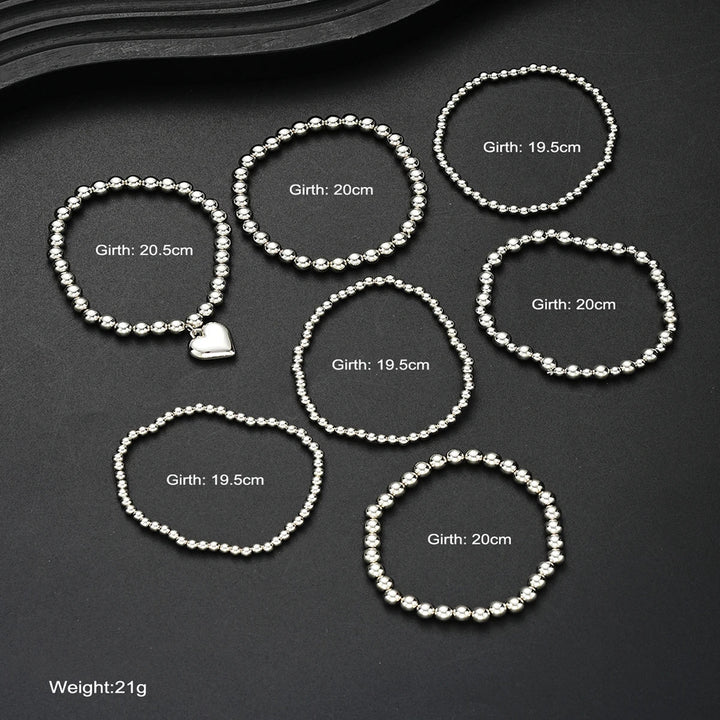 7 PCS Silver Heart Charm Beaded Bracelet Set