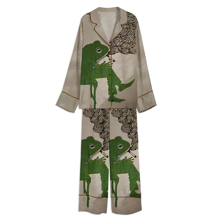 Tokyover Frog Smoking A Cigarette Vintage Unisex Long Sleeve Satin Pajama Set