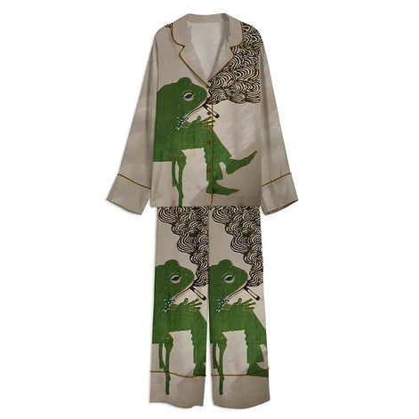 Tokyover Frog Smoking A Cigarette Vintage Unisex Long Sleeve Satin Pajama Set