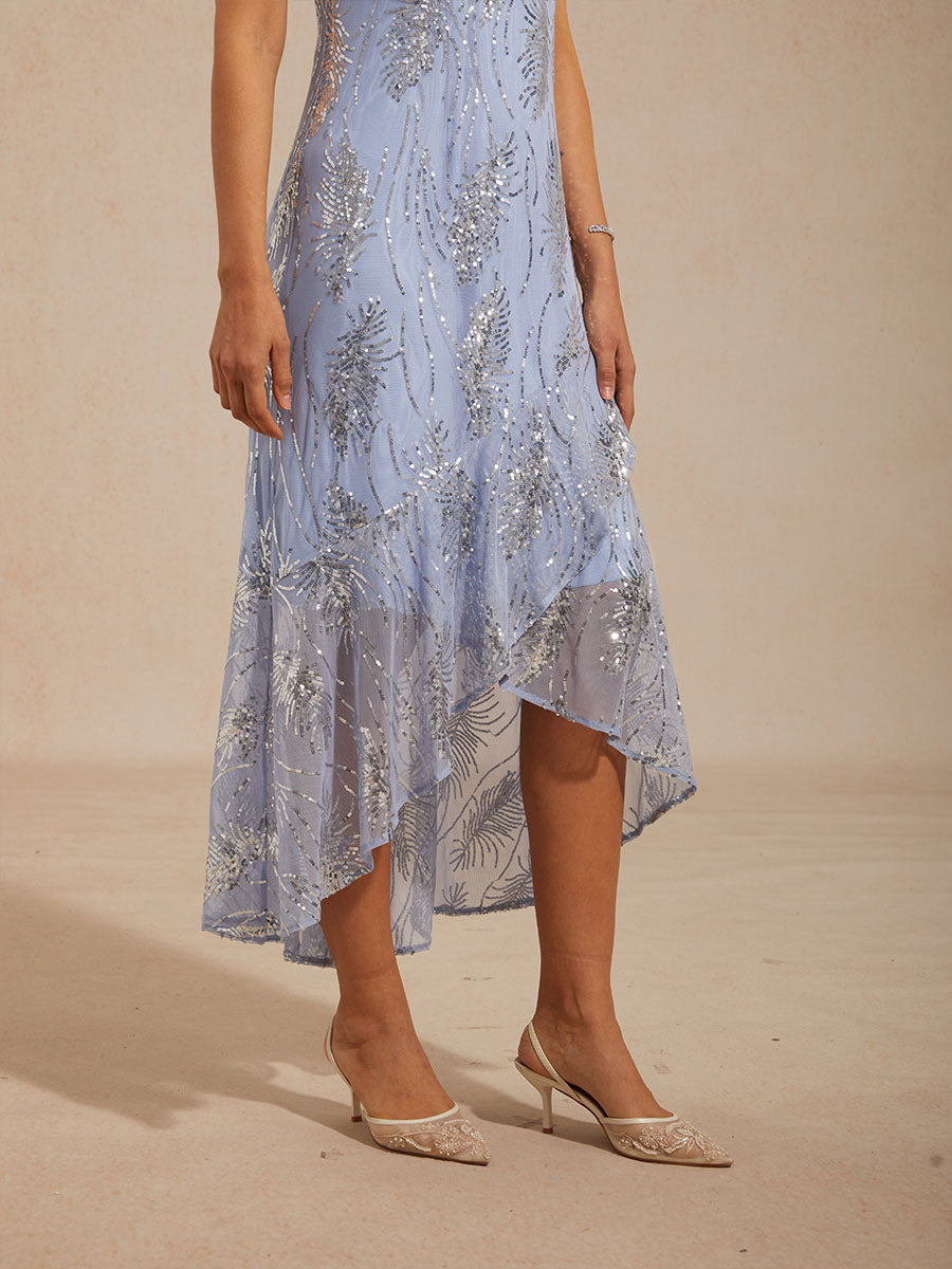 A-Line Maxi Dress – Mesh Sequin High-Low Hem