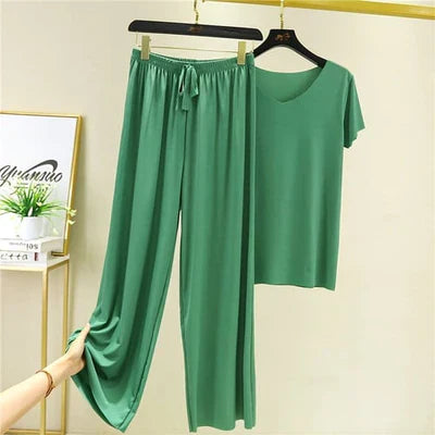 Ice Cotton Short Sleeve T-Shirt and Wide Leg Pants Set