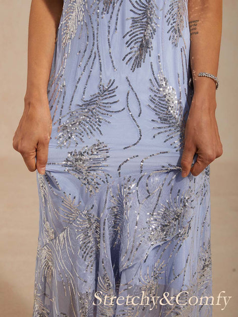 A-Line Maxi Dress – Mesh Sequin High-Low Hem