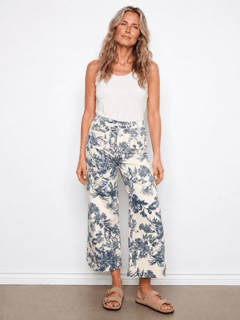 Printed Cropped Patch Pocket Flare Twill Pants - Versailles