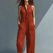 Minimalist Linen Sleeveless Button-Up Jumpsuit