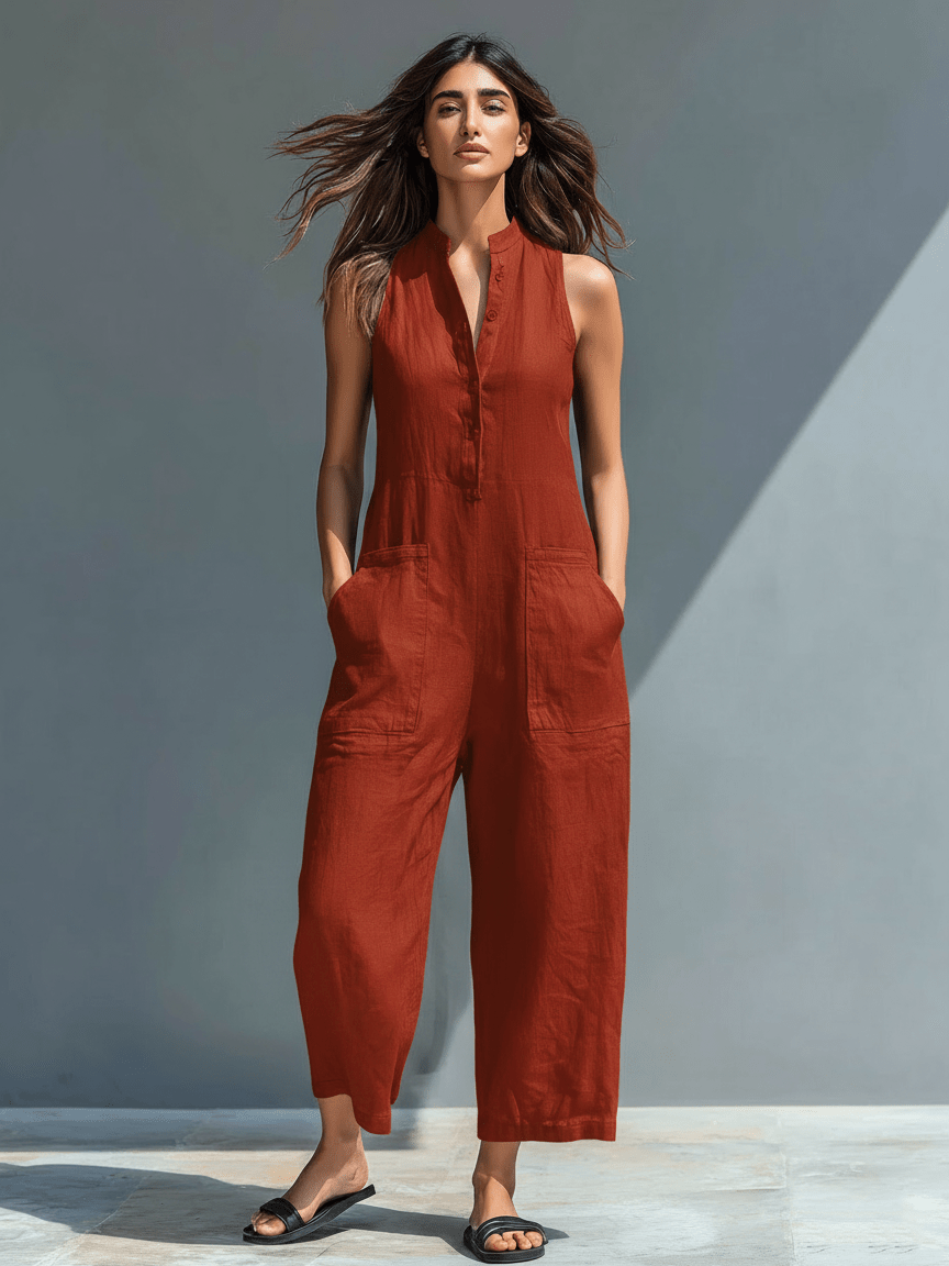 Minimalist Linen Sleeveless Button-Up Jumpsuit