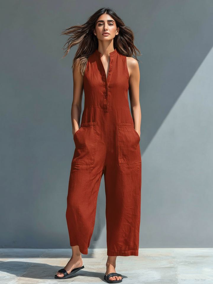 Minimalist Linen Sleeveless Button-Up Jumpsuit