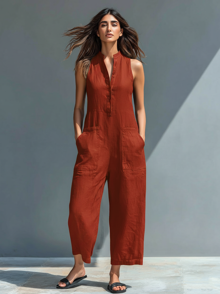 Minimalist Linen Sleeveless Button-Up Jumpsuit