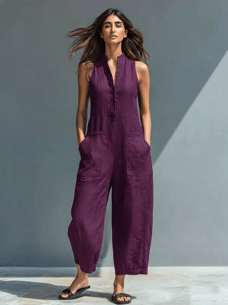 Minimalist Linen Sleeveless Button-Up Jumpsuit