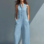 Minimalist Linen Sleeveless Button-Up Jumpsuit